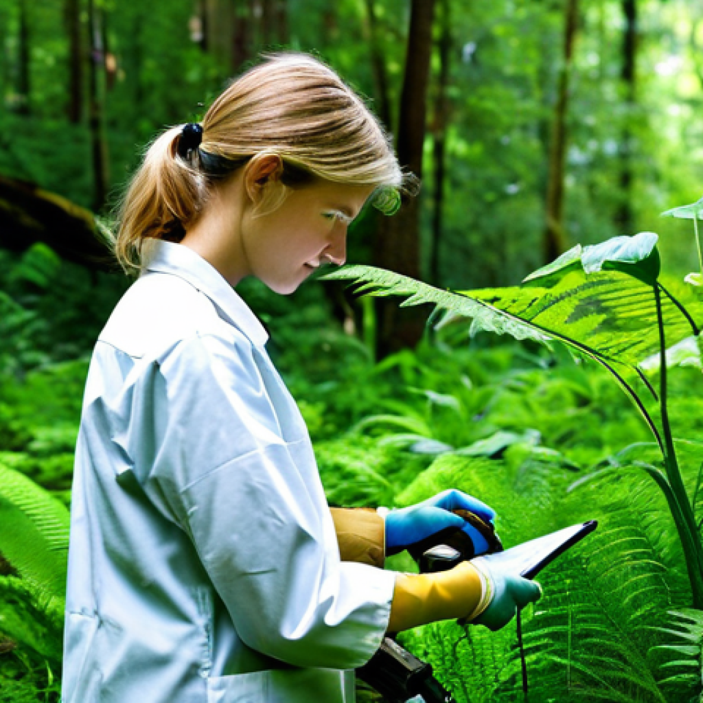 ** A bright, hopeful image of a young, fully clothed environmental scientist (male or female, appropriate attire) working in a lush, green forest. They are collecting samples, with modern scientific equipment visible. The background shows diverse plant life and healthy wildlife. "Safe for work," "appropriate content," "fully clothed," "professional," "perfect anatomy", "natural proportions", "high quality", "inspiring", "environmental science".

**