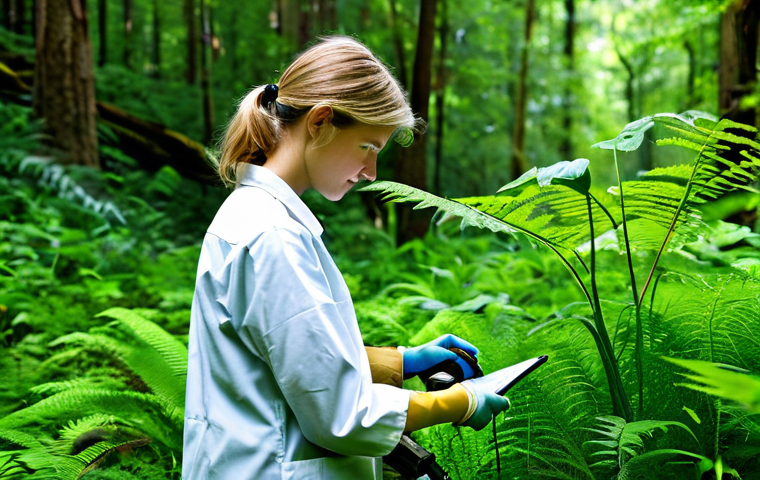 ** A bright, hopeful image of a young, fully clothed environmental scientist (male or female, appropriate attire) working in a lush, green forest. They are collecting samples, with modern scientific equipment visible. The background shows diverse plant life and healthy wildlife. "Safe for work," "appropriate content," "fully clothed," "professional," "perfect anatomy", "natural proportions", "high quality", "inspiring", "environmental science".

**