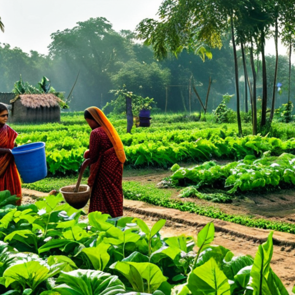 **
A lush green community garden scene in rural Bengal, featuring diverse vegetables and fruits. Fully clothed Bengali villagers, including women and children, are actively gardening with traditional tools. Sunlight filters through trees, creating a vibrant atmosphere. Safe for work, appropriate content, fully clothed, family-friendly, professional photography, perfect anatomy, natural proportions, high quality.
**