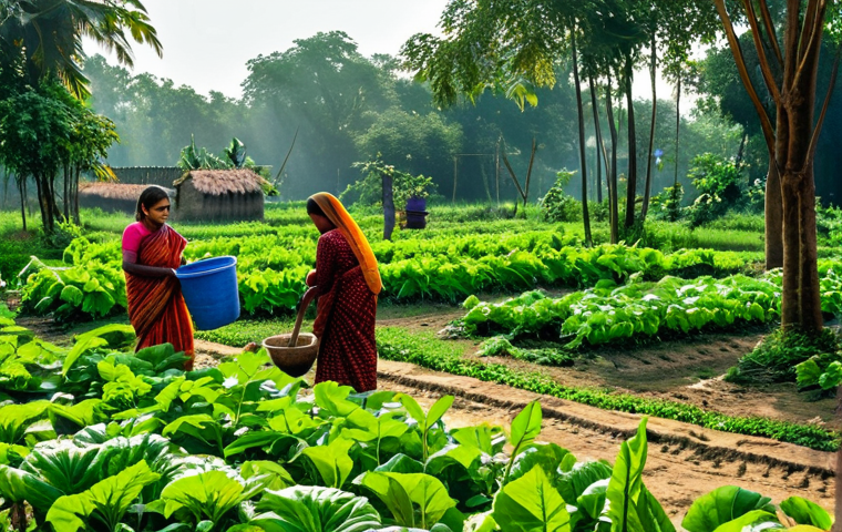 **

A lush green community garden scene in rural Bengal, featuring diverse vegetables and fruits. Fully clothed Bengali villagers, including women and children, are actively gardening with traditional tools.  Sunlight filters through trees, creating a vibrant atmosphere. Safe for work, appropriate content, fully clothed, family-friendly, professional photography, perfect anatomy, natural proportions, high quality.

**