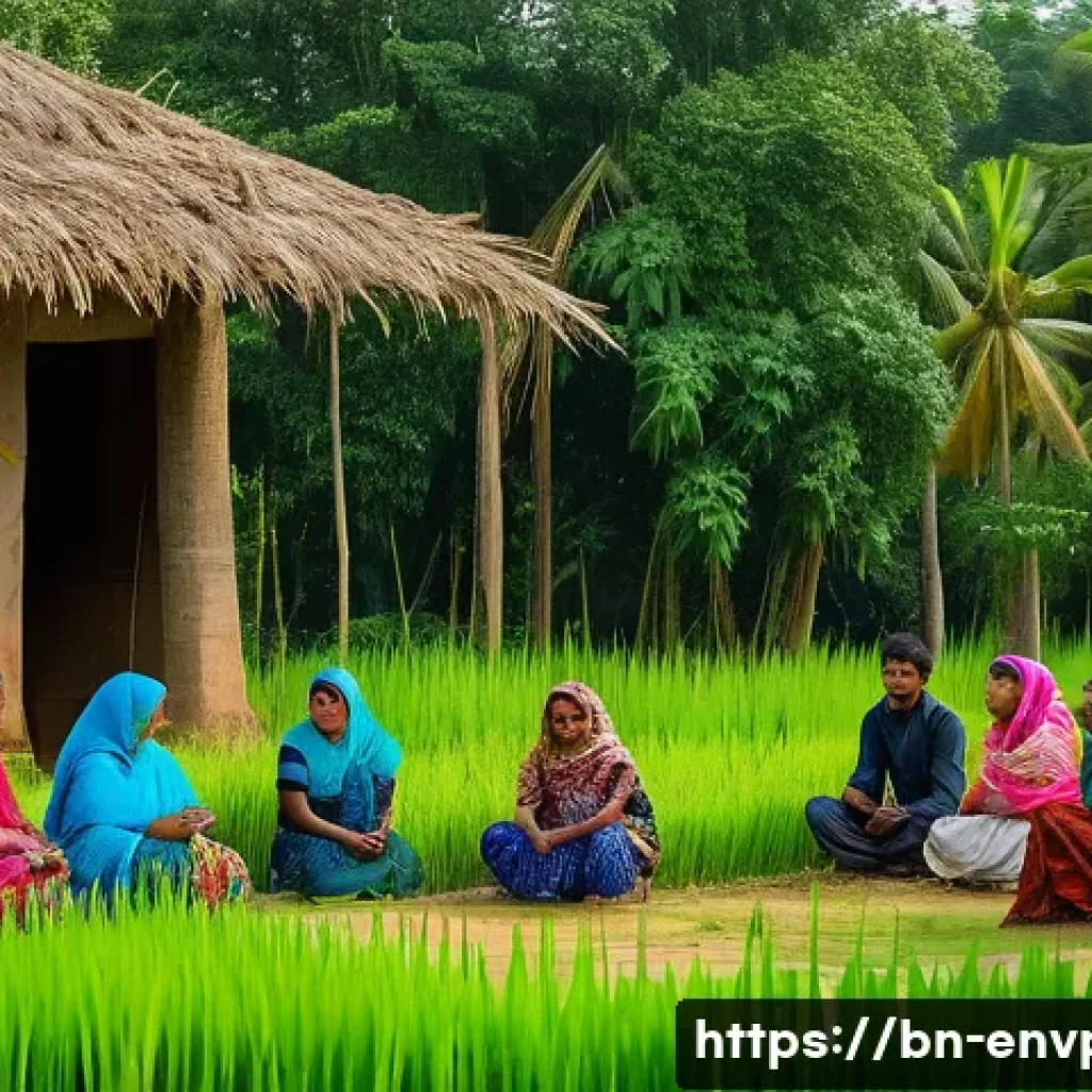 환경보호 직무 중점 과목 - A detailed scene showing a community workshop in rural Bangladesh where local farmers, wearing tradi...