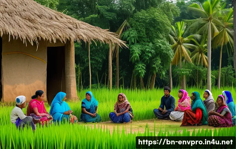 환경보호 직무 중점 과목 - A detailed scene showing a community workshop in rural Bangladesh where local farmers, wearing tradi...