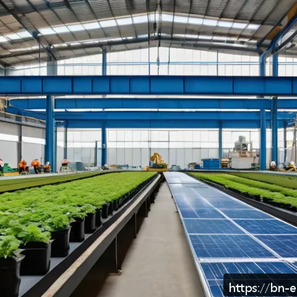 환경보호 기술의 경제적 영향 - A modern industrial factory interior showcasing eco-friendly waste recycling technology in action, w...