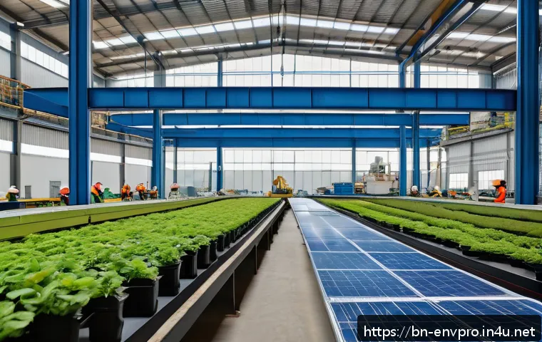 환경보호 기술의 경제적 영향 - A modern industrial factory interior showcasing eco-friendly waste recycling technology in action, w...