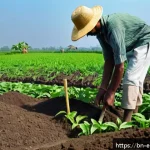 환경보호 실습에서 배우는 현장 기술 - A detailed scene of a Bengali farmer&rsquo;s field showing soil testing in progress: the farmer, wearing t...