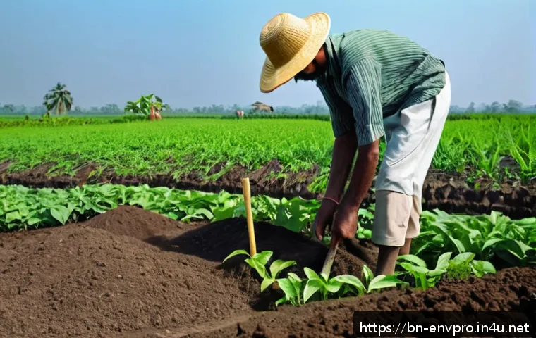 환경보호 실습에서 배우는 현장 기술 - A detailed scene of a Bengali farmer&rsquo;s field showing soil testing in progress: the farmer, wearing t...