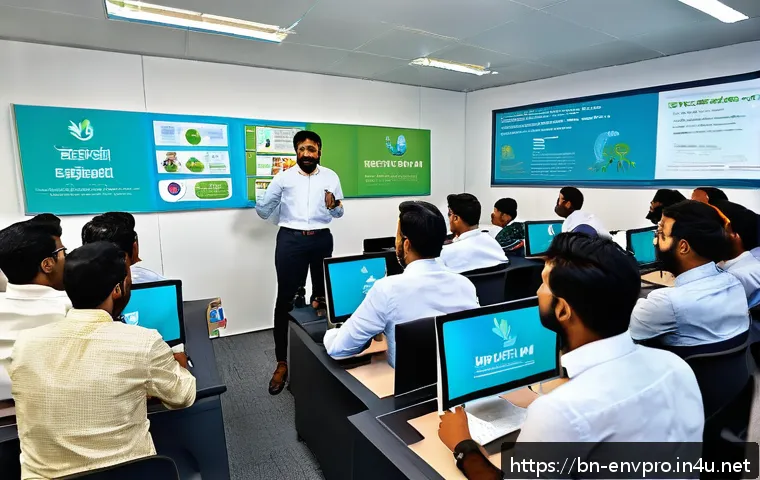 환경보호 관련 직무와 사내 교육 - A vibrant office training session focused on environmental awareness for Bengali-speaking employees,...