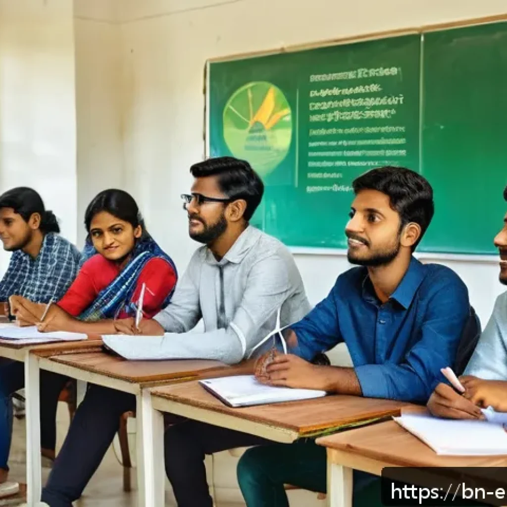 환경보호 전문가의 성공적인 자격 취득 사례 - A modern classroom scene featuring diverse Bengali students engaged in an online green energy traini...