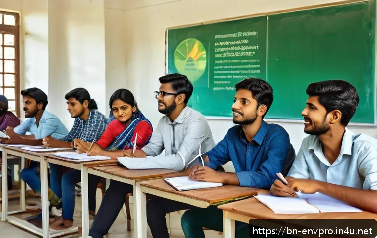 환경보호 전문가의 성공적인 자격 취득 사례 - A modern classroom scene featuring diverse Bengali students engaged in an online green energy traini...
